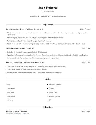 Chemist Assistant Resume