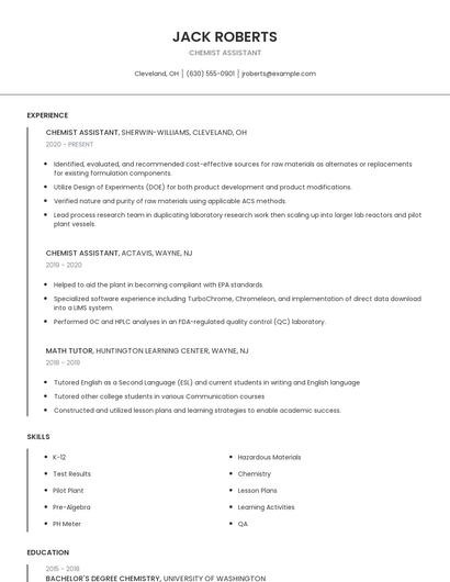 Chemist Assistant Resume