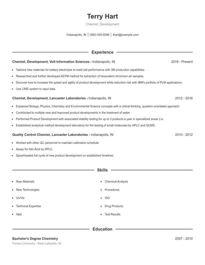 Chemist, Development Resume