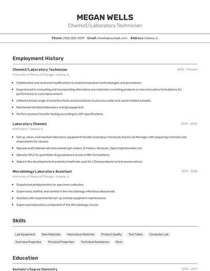 Chemist/Laboratory Technician Resume