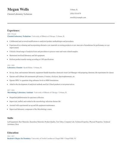 Chemist/Laboratory Technician Resume