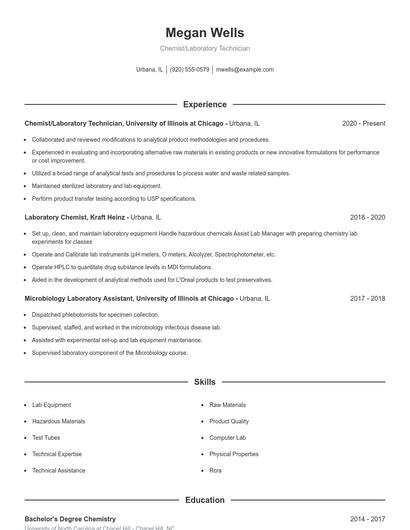 Chemist/Laboratory Technician Resume