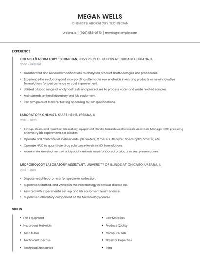 Chemist/Laboratory Technician Resume