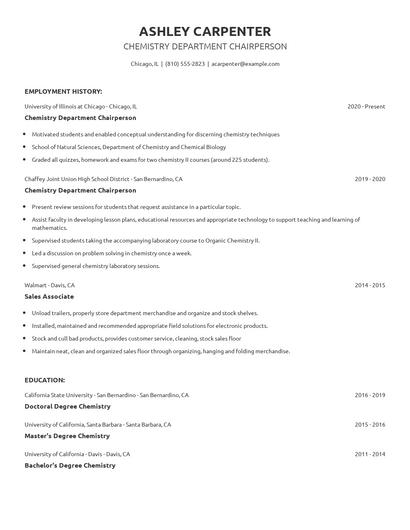 Chemistry Department Chairperson Resume
