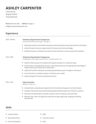 Chemistry Department Chairperson Resume