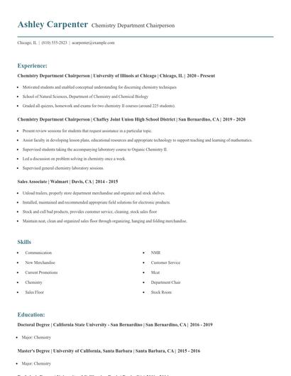 Chemistry Department Chairperson Resume