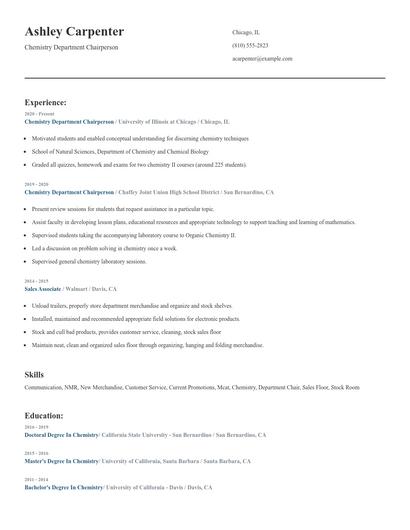 Chemistry Department Chairperson Resume