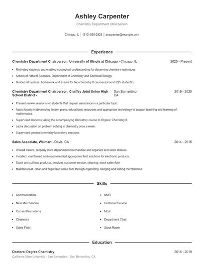 Chemistry Department Chairperson Resume