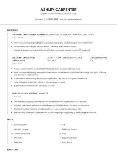 Chemistry Department Chairperson Resume
