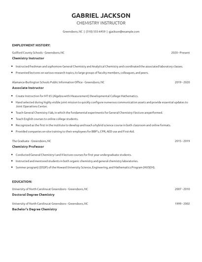 Chemistry Instructor Resume