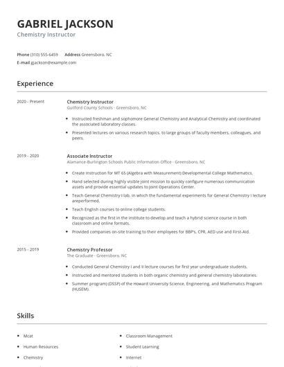 Chemistry Instructor Resume