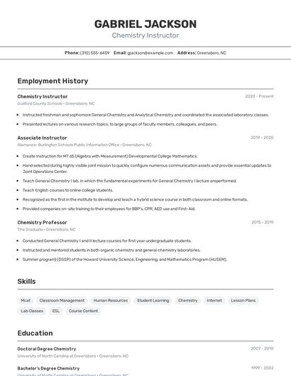 Chemistry Instructor Resume