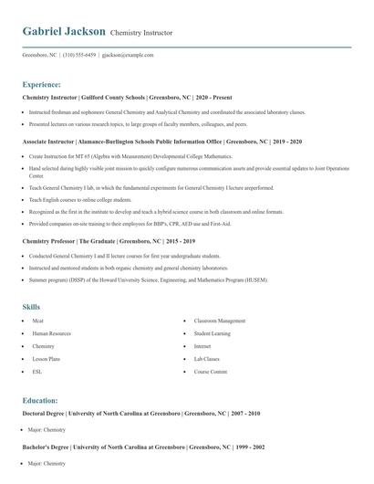 Chemistry Instructor Resume