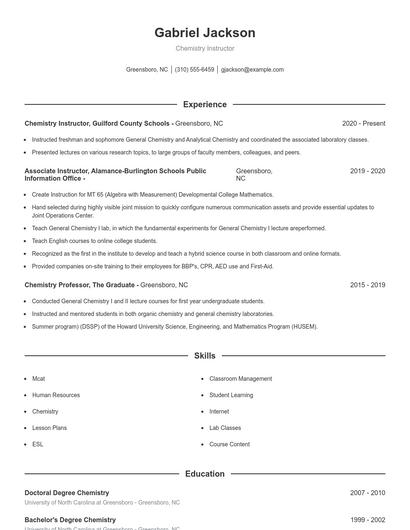 Chemistry Instructor Resume