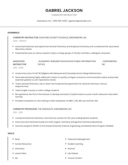 Chemistry Instructor Resume