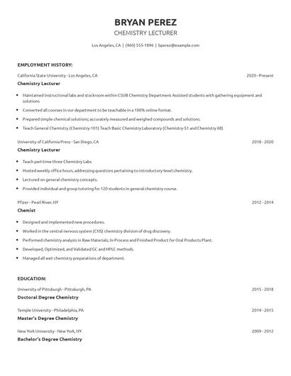 Chemistry Lecturer Resume