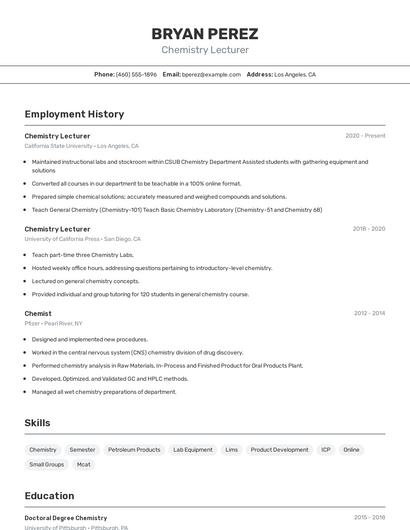 Chemistry Lecturer Resume