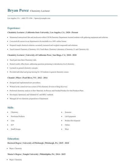 Chemistry Lecturer Resume