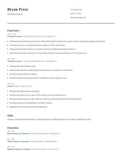 Chemistry Lecturer Resume