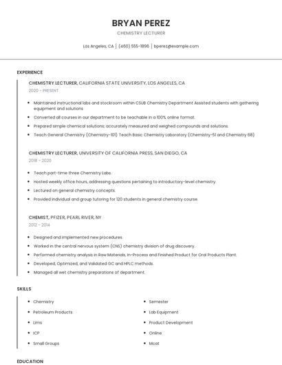 Chemistry Lecturer Resume