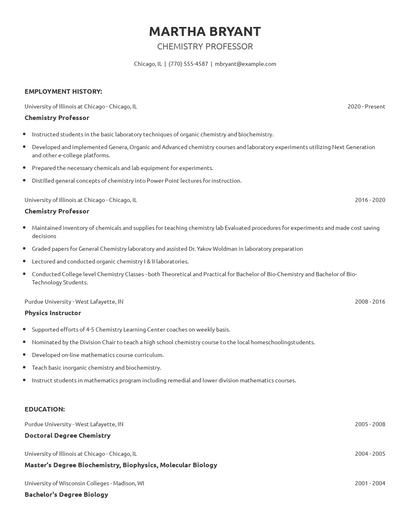 Chemistry Professor Resume