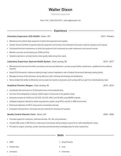Chemistry Supervisor Resume