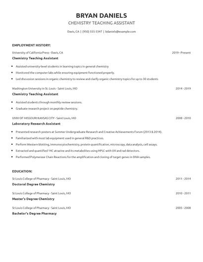 Chemistry Teaching Assistant Resume