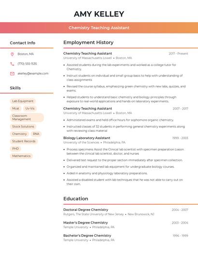 Chemistry Teaching Assistant Resume