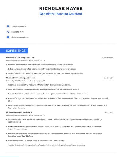 Chemistry Teaching Assistant Resume