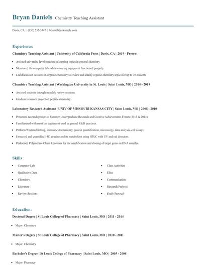 Chemistry Teaching Assistant Resume
