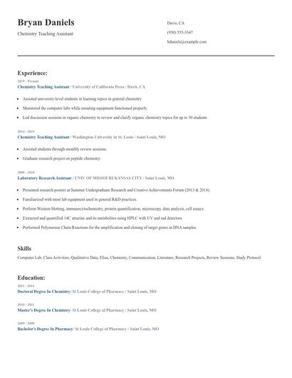Chemistry Teaching Assistant Resume
