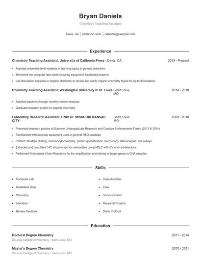 Chemistry Teaching Assistant Resume