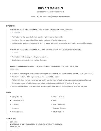 Chemistry Teaching Assistant Resume
