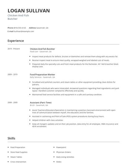 Chicken And Fish Butcher Resume