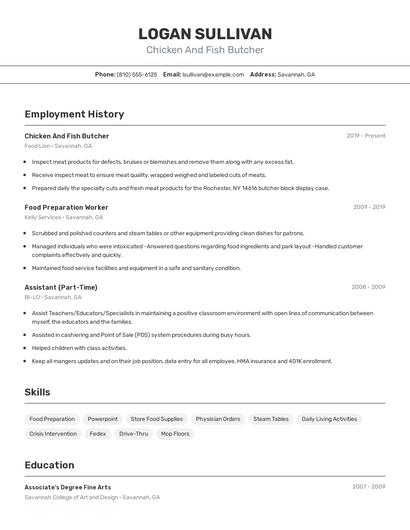 Chicken And Fish Butcher Resume