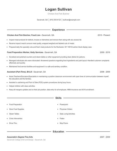 Chicken And Fish Butcher Resume