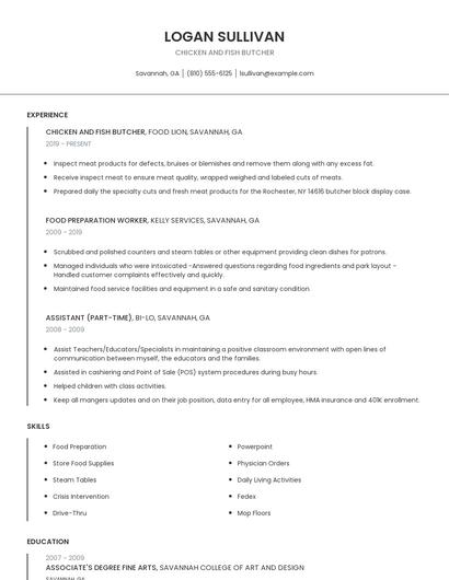 Chicken And Fish Butcher Resume