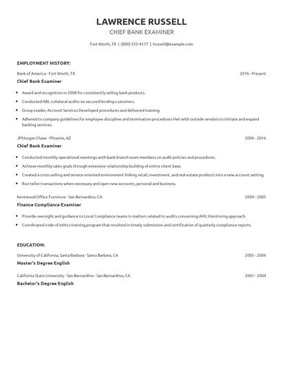 Chief Bank Examiner Resume