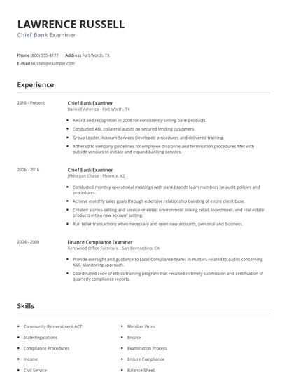 Chief Bank Examiner Resume