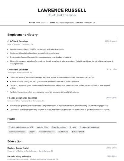 Chief Bank Examiner Resume