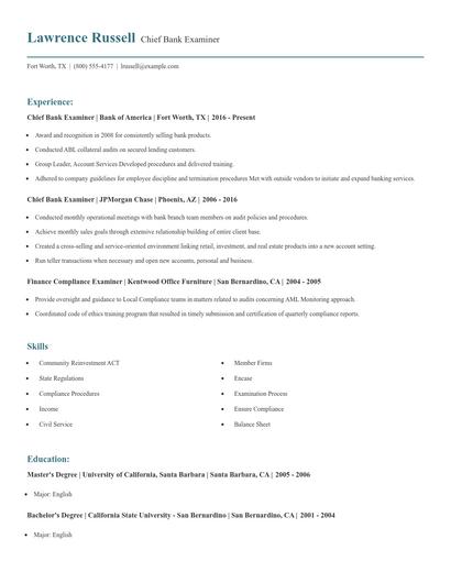 Chief Bank Examiner Resume