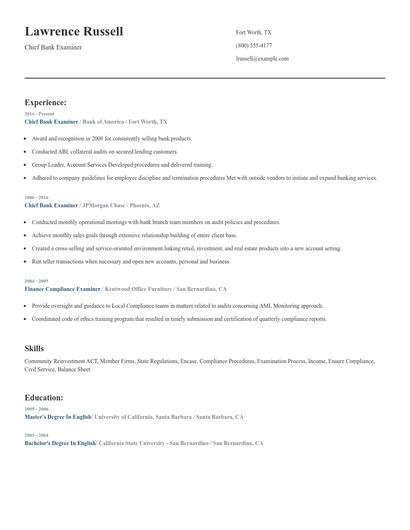Chief Bank Examiner Resume