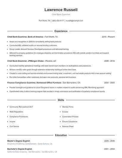 Chief Bank Examiner Resume