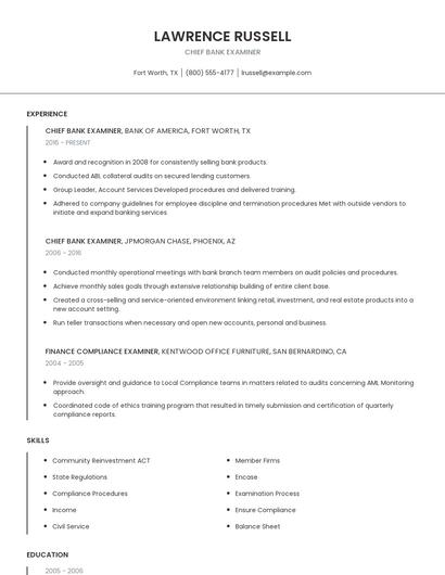 Chief Bank Examiner Resume