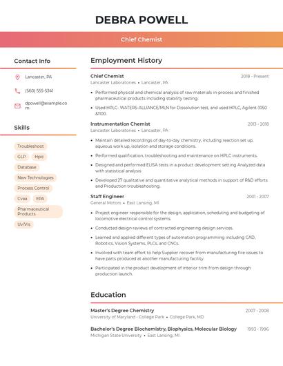 Chief Chemist Resume