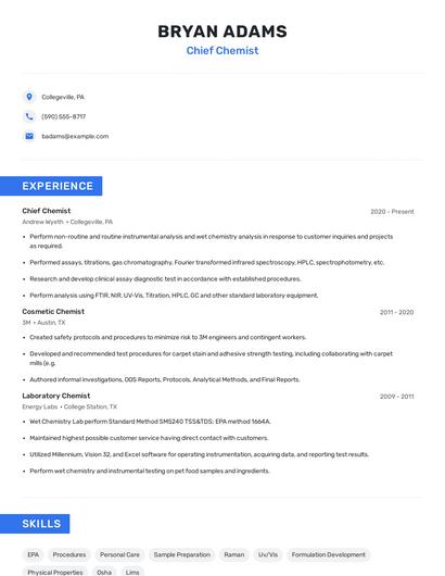 Chief Chemist Resume