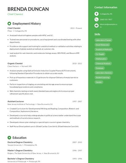 Chief Chemist Resume