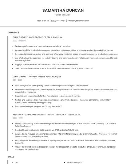 Chief Chemist Resume