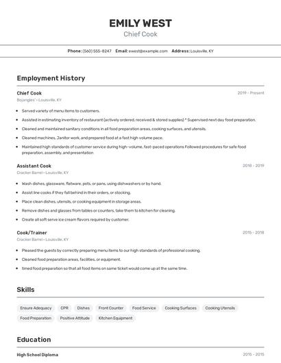 Chief Cook Resume