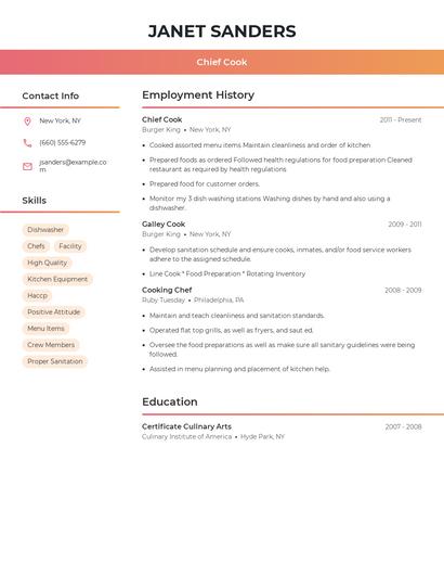 Chief Cook Resume